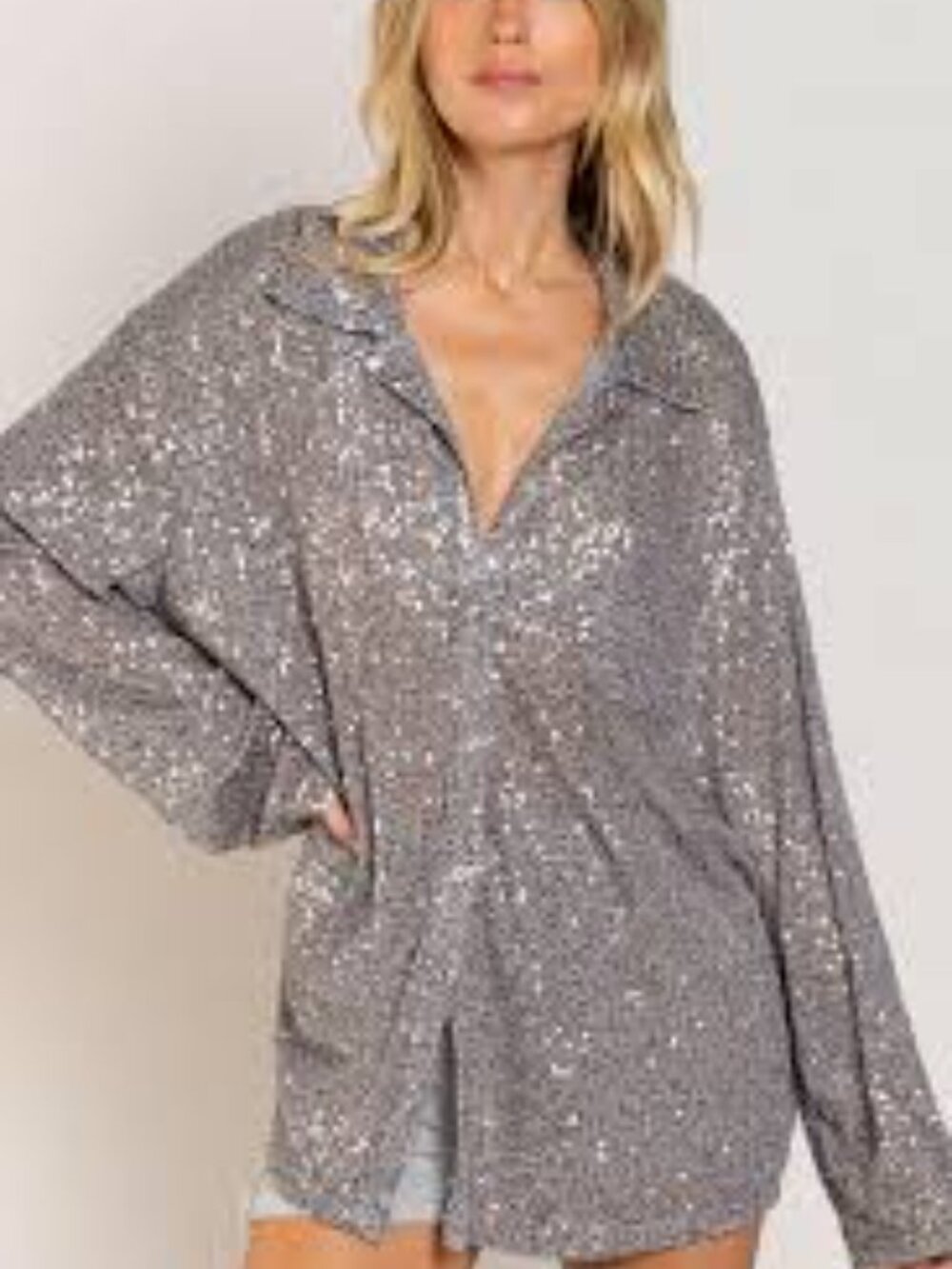 POL Clothing Oversized Sequin Relaxed Button-Up Top,